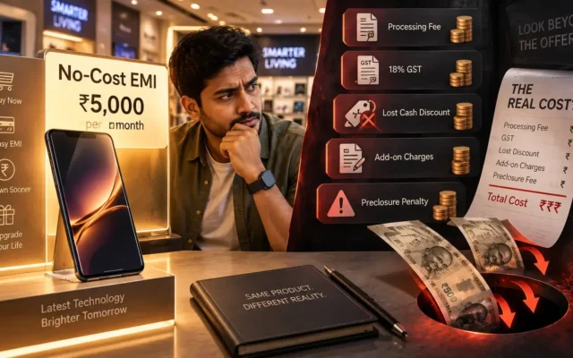 Editorial illustration showing the hidden fees and lost discounts behind no-cost EMI financing in India.