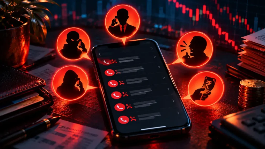 A phone surrounded by red warning signs against a dark background, symbolizing Debt Recovery Harassment