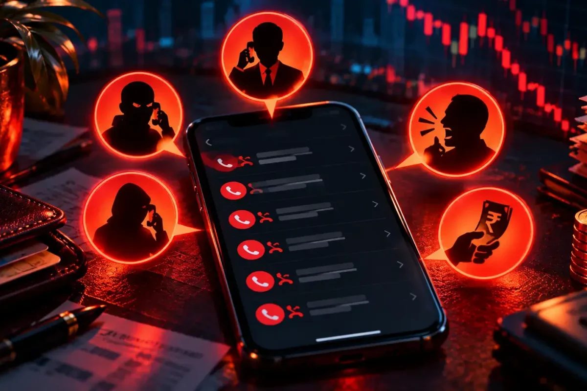 A phone surrounded by red warning signs against a dark background, symbolizing Debt Recovery Harassment