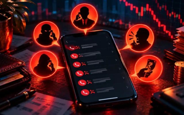 A phone surrounded by red warning signs against a dark background, symbolizing Debt Recovery Harassment