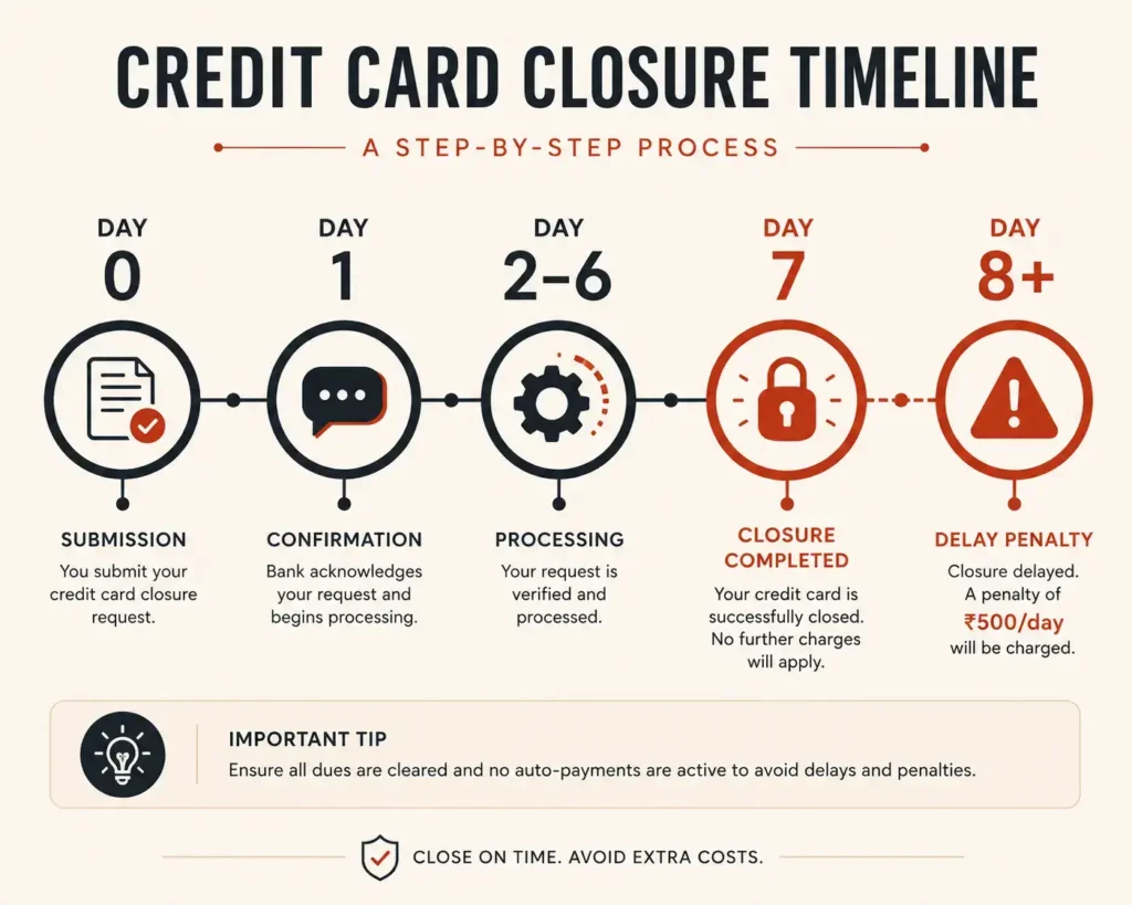 A visual timeline showing the 7-day credit card closure process under RBI rules.