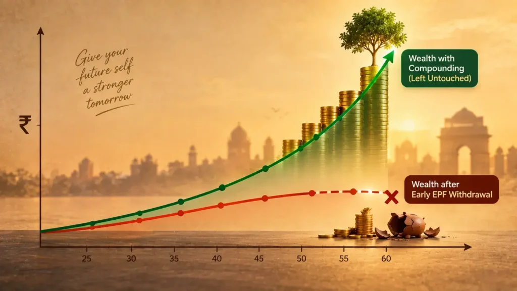 Comparison chart illustrating compound interest growth loss from taking an early EPF advance