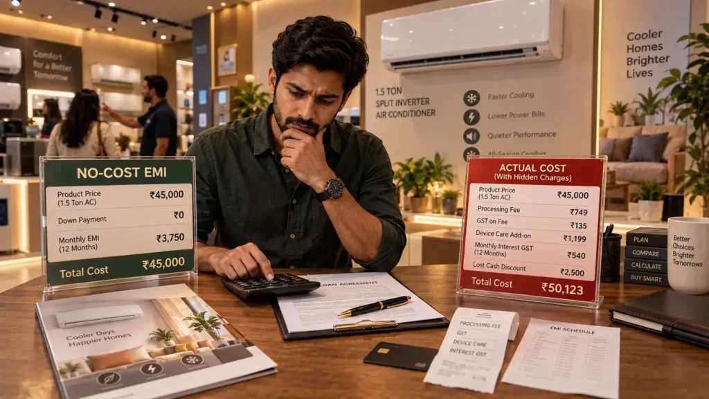 Indian consumer comparing the hidden costs of a no-cost EMI air-conditioner purchase.