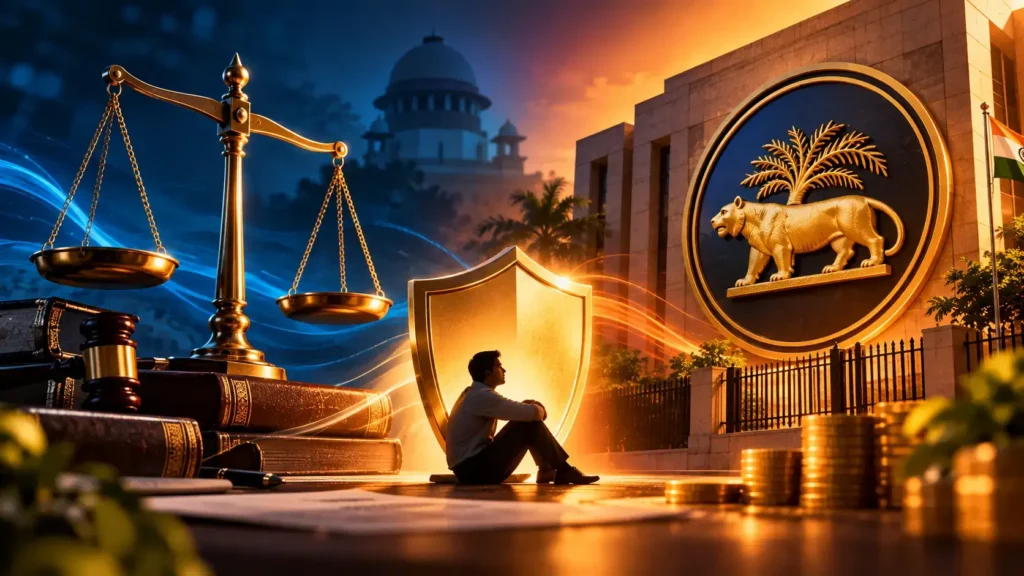 A balanced scale of justice with RBI emblem, representing legal rights against debt harassment