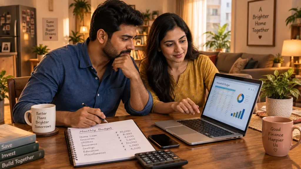 An Indian couple planning their monthly household expenses using a laptop and notepad, representing zero-based budgeting india