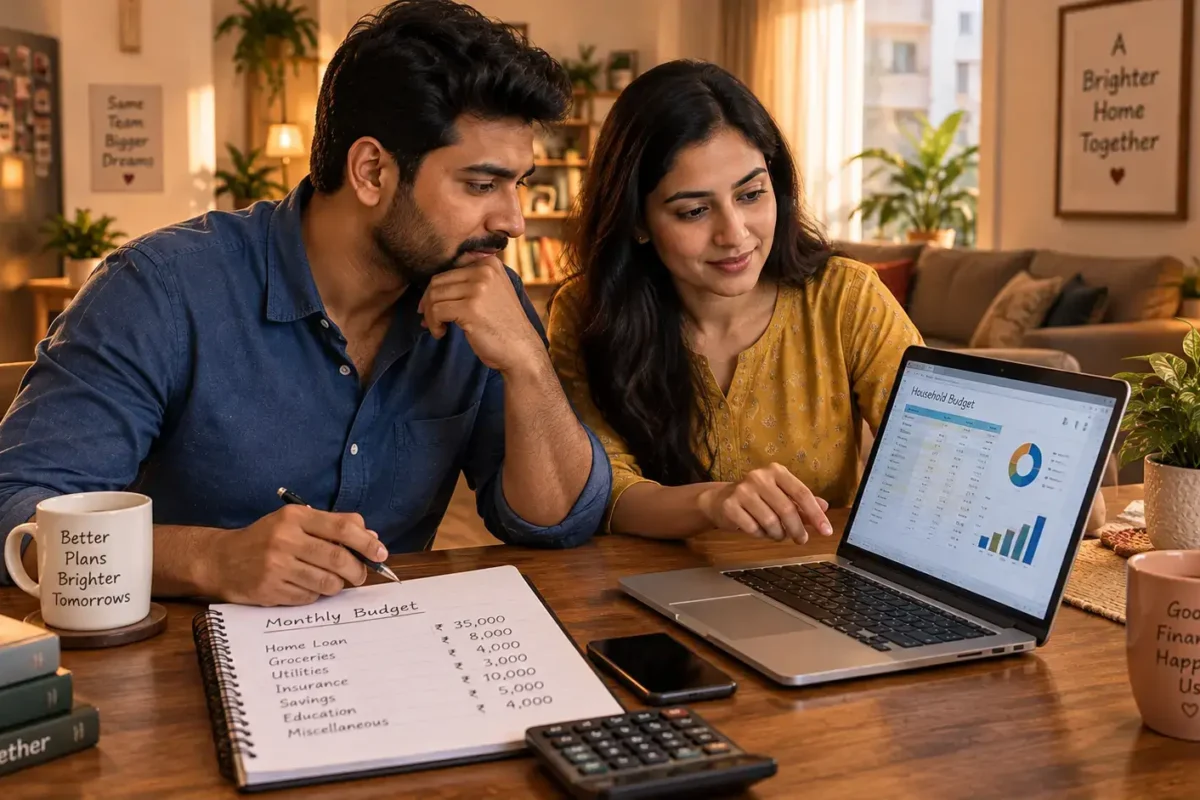 An Indian couple planning their monthly household expenses using a laptop and notepad, representing zero-based budgeting india
