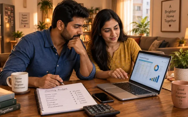 An Indian couple planning their monthly household expenses using a laptop and notepad, representing zero-based budgeting india