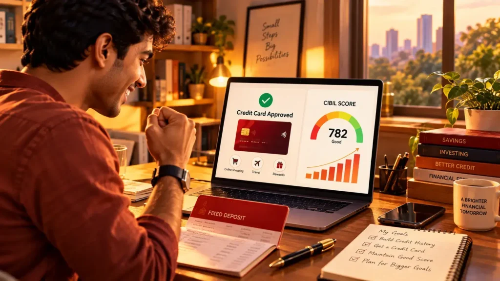 Young Indian professional building credit score with FD-backed card concept