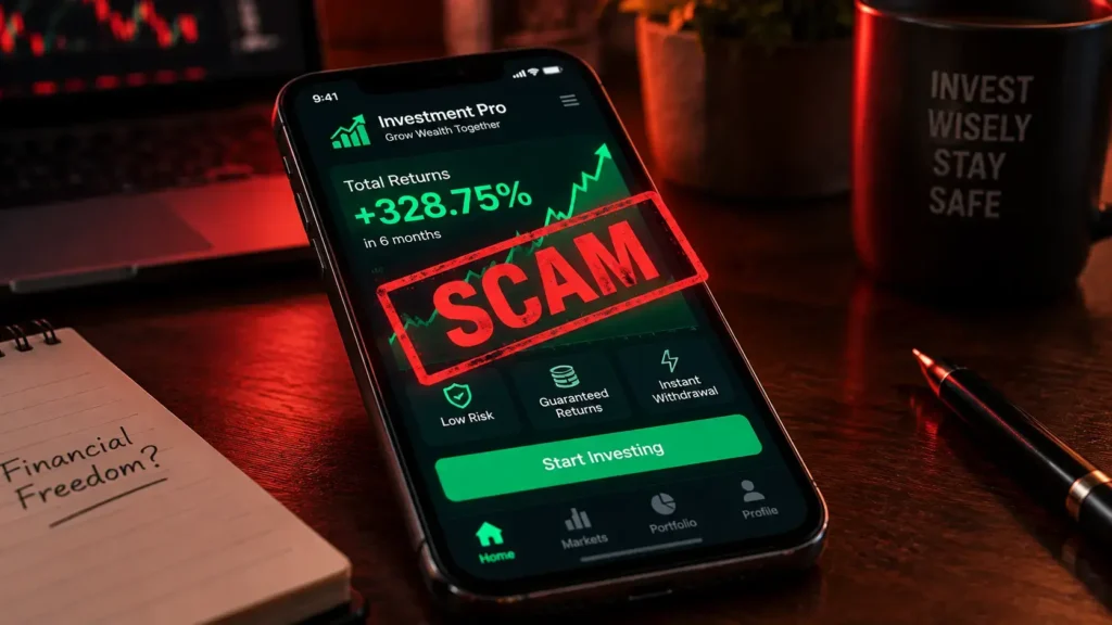A smartphone screen displaying a fraudulent stock trading dashboard with a warning stamp across it, symbolizing a fake investment app scam India.