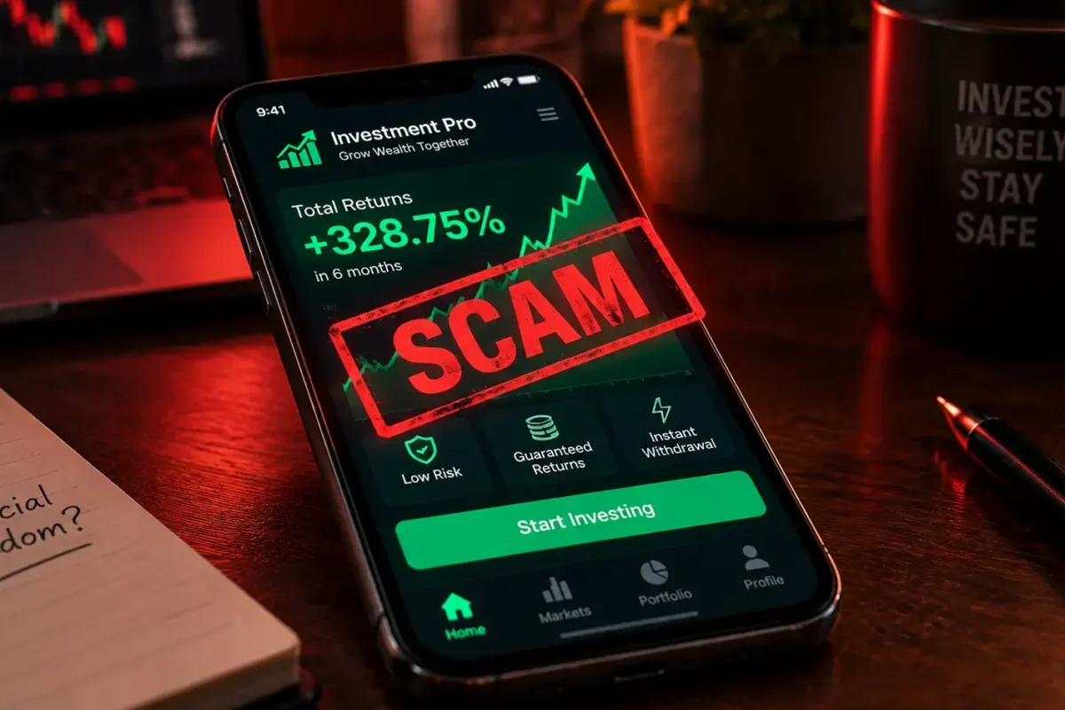 A smartphone screen displaying a fraudulent stock trading dashboard with a warning stamp across it, symbolizing a fake investment app scam India.