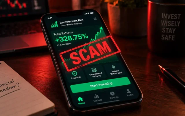 A smartphone screen displaying a fraudulent stock trading dashboard with a warning stamp across it, symbolizing a fake investment app scam India.