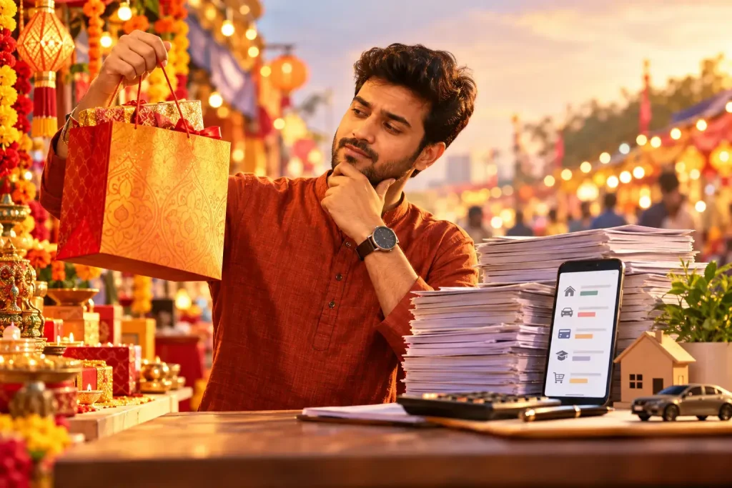 Festive season debt trap India shown through festive shopping and EMI bills