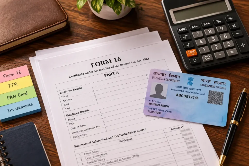 Essential Indian tax documents like Form 16 and PAN card organized on a desk