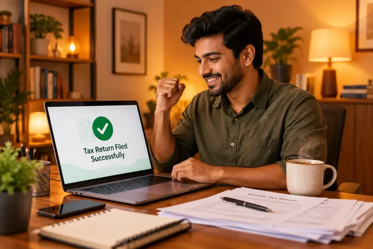 A young Indian professional successfully filing their ITR online using a laptop with a cup of tea nearby