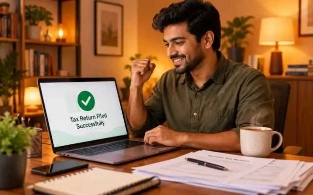 A young Indian professional successfully filing their ITR online using a laptop with a cup of tea nearby