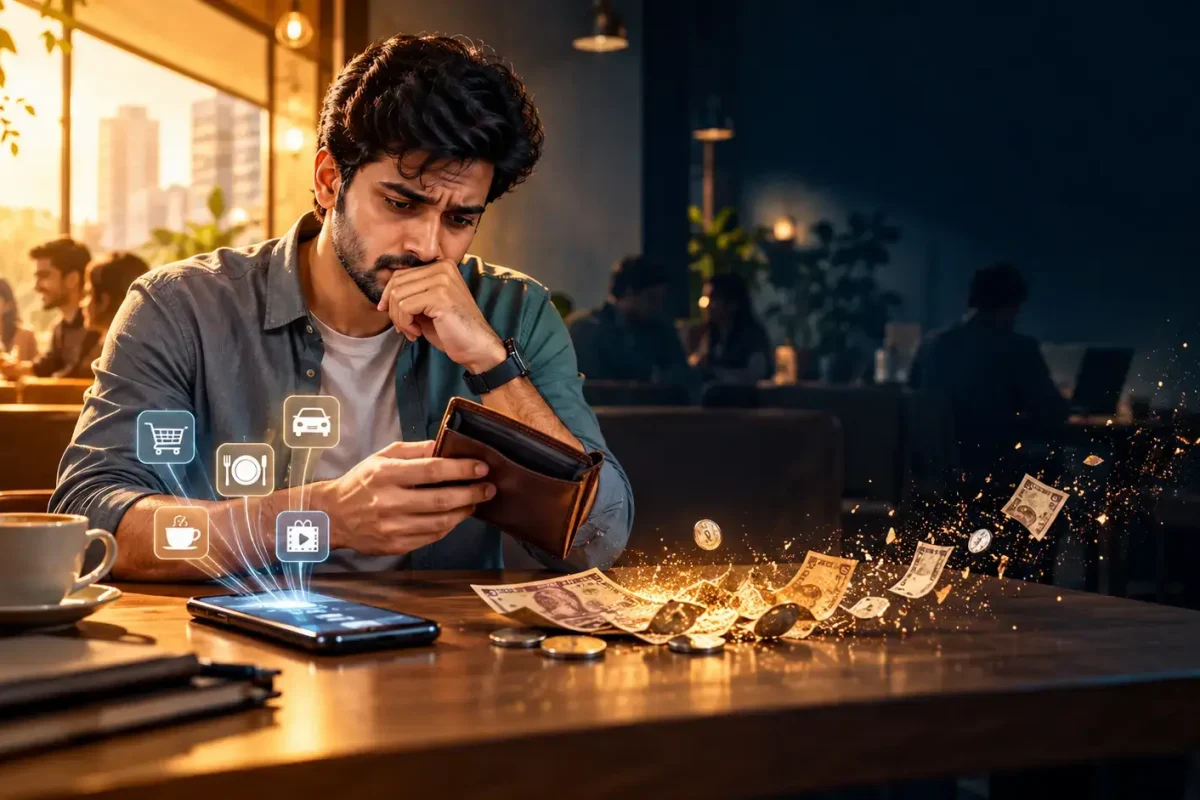Indian professional checking a nearly empty wallet and digital payments while managing monthly expenses