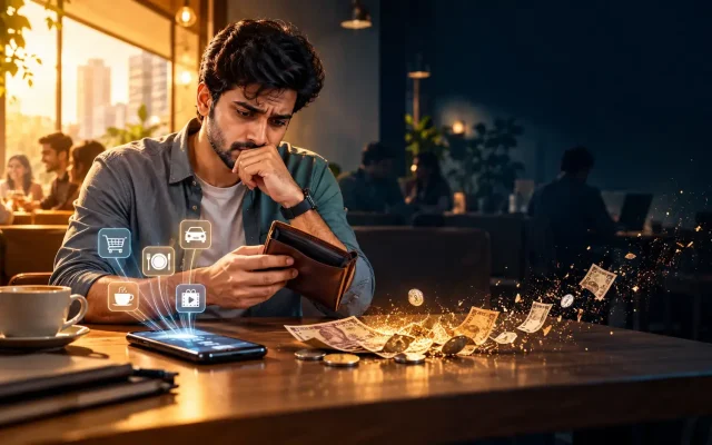 Indian professional checking a nearly empty wallet and digital payments while managing monthly expenses